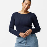 Long Sleeve Boat Neck Knit Top - Navy