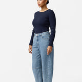 Long Sleeve Boat Neck Knit Top - Navy