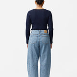 Long Sleeve Boat Neck Knit Top - Navy