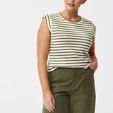 Cap Sleeve Jersey Tank - Ecru / Khaki Stripe (Pre Order)
