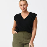 V-Neck Cap Sleeve Jersey Tank - Black