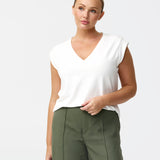V-Neck Cap Sleeve Jersey Tank - White