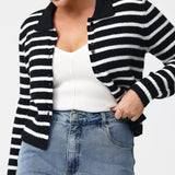 Collared Knit Cardigan - Navy/White Stripe