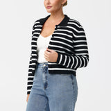 Collared Knit Cardigan - Navy/White Stripe