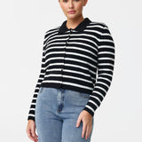 Collared Knit Cardigan - Navy/White Stripe