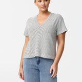 V Neck Relaxed T-Shirt - White / Black Stripe (Pre Order)