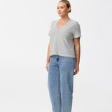 V Neck Relaxed T-Shirt - White / Black Stripe (Pre Order)