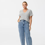 V Neck Relaxed T-Shirt - White / Black Stripe (Pre Order)