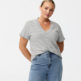 V Neck Relaxed T-Shirt - White / Black Stripe (Pre Order)