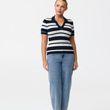Polo Knit Top - Navy Stripe