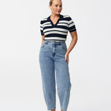 Polo Knit Top - Navy Stripe