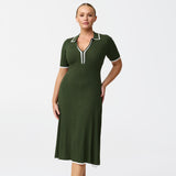 Zip Polo Knit Dress - Moss/White