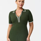 Zip Polo Knit Dress - Moss/White