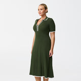 Zip Polo Knit Dress - Moss / White