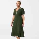 Zip Polo Knit Dress - Moss / White