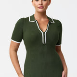 Zip Polo Knit Dress - Moss/White