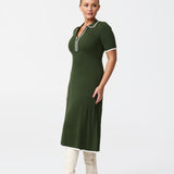 Zip Polo Knit Dress - Moss/White