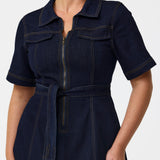 Short Sleeve Zip Denim Dress - Indigo