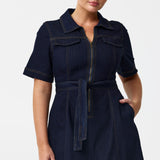 Short Sleeve Zip Denim Dress - Indigo
