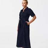Short Sleeve Zip Denim Dress - Indigo