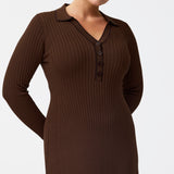 Half Placket Long Sleeve Knit Dress - Cappuccino
