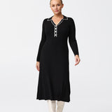 Half Placket Long Sleeve Knit Dress - Black