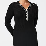 Half Placket Long Sleeve Knit Dress - Black