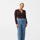 Zip Polo Knit Top - Dark Chocolate