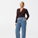 Zip Polo Knit Top - Dark Chocolate