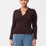 Zip Polo Knit Top - Dark Chocolate