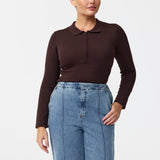 Zip Polo Knit Top - Dark Chocolate