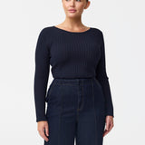 Long Sleeve Boat Neck Knit Top - Navy