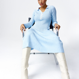 Half Placket Long Sleeve Knit Dress - Sky Blue