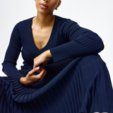V Neck Long Sleeve Ribbed Top - Navy