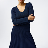V Neck Long Sleeve Ribbed Top - Navy