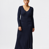 V Neck Long Sleeve Ribbed Top - Navy