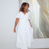 Denim Short Sleeve Midi Dress - White