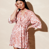 Long Sleeve Wrap Mini Dress - Terracotta Stencil