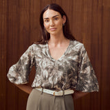 Lantern Sleeve Top - Khaki Palm