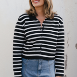 Collared Knit Cardigan - Navy/White Stripe