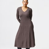 V Neck Ribbed Knit Dress - Fudge