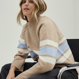 Mock Neck Knit Jumper - Tan & Sky Blue Stripe