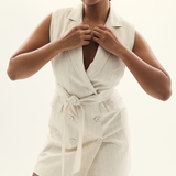 Double Breasted Mini Dress - Oatmeal Stripe (Pre Order)