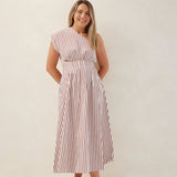 One Shoulder Dress - White/Brick Stripe