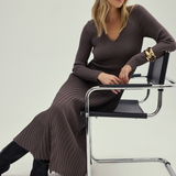 V Neck Ribbed Knit Dress - Fudge