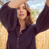 Balloon Sleeve Tie Shirt - Blue