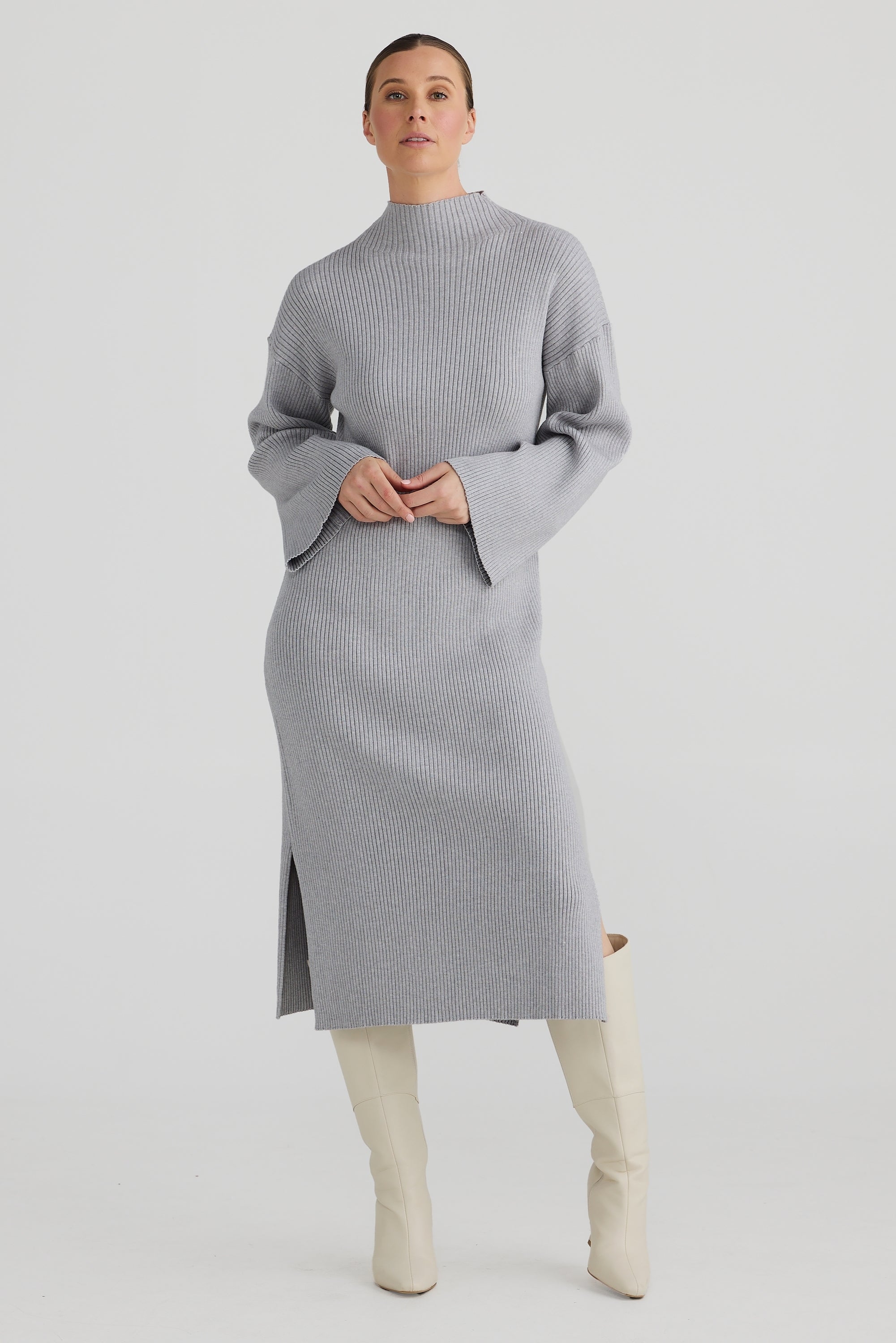 Mock Neck Knit Dress - Grey – Serafina