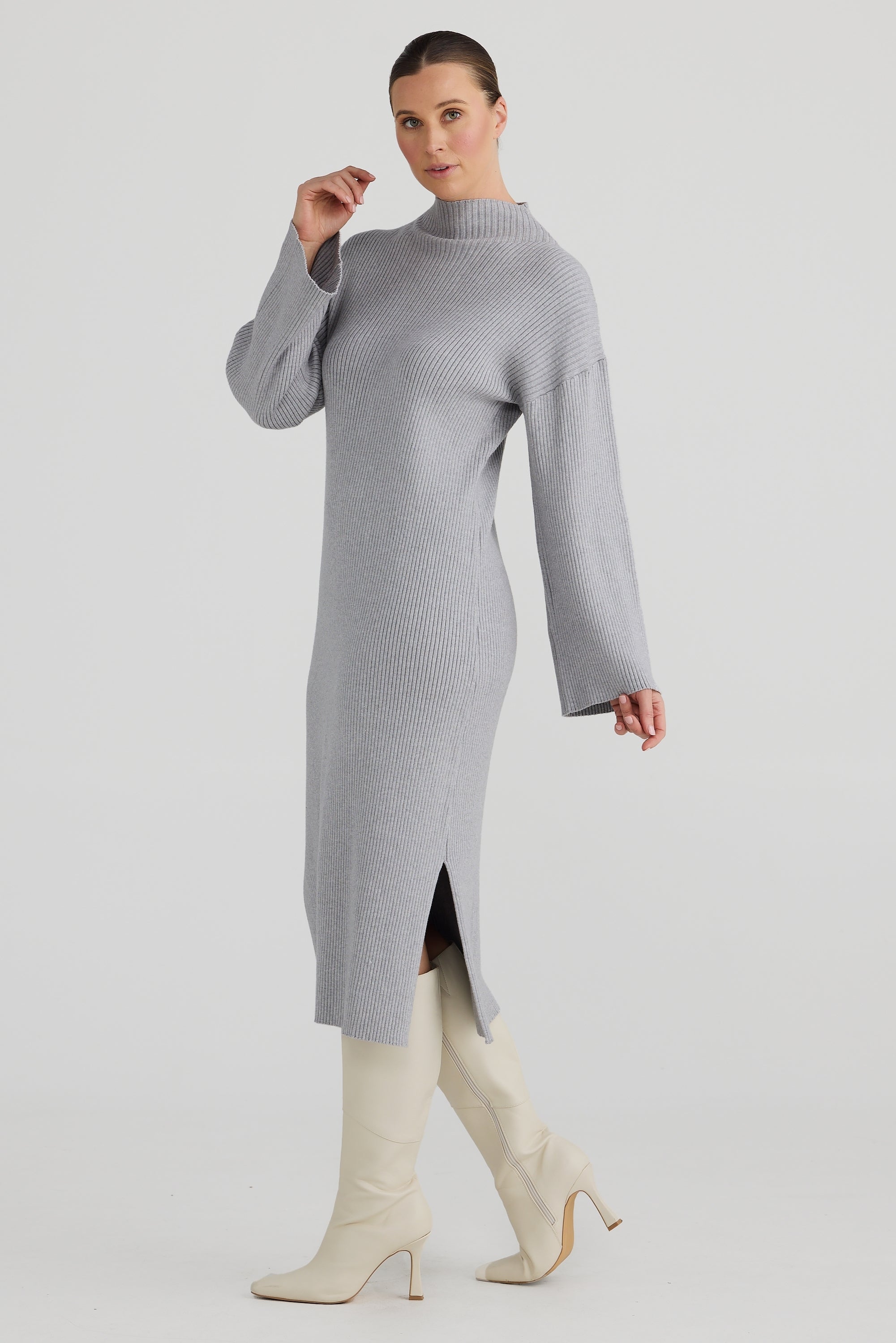 Mock Neck Knit Dress - Grey – Serafina