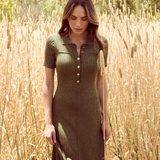 Half Placket Short Sleeve Knit Dress - Khaki Marl
