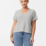 V Neck Relaxed T-Shirt - White / Black Stripe (Pre Order)